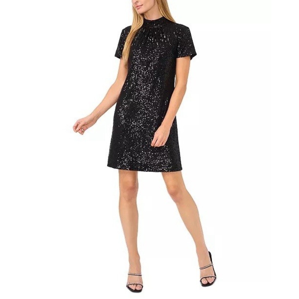 NWT‎ CeCe Women's Mock-Neck Short-Sleeve Sequin A-Line Dress